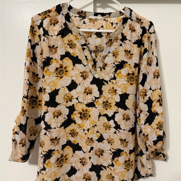 Maurices Tops - Maurices Black Floral V-Neck Blouse with Cream & Gold Flowers